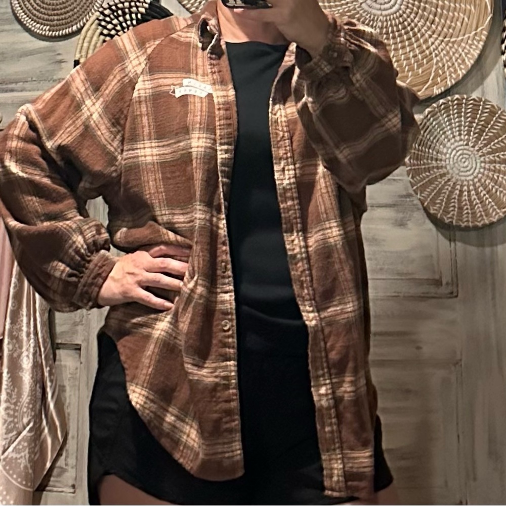 Brown Plaid Button Down Shirt with Soft Flannel Texture